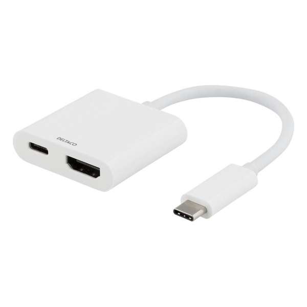 DELTACO USBC-HDMI6, USB-C naar HDMI 2.0-adapter, USB-C 60W (20V 3A), UltraHD 60Hz, HDCP 2.2, wit