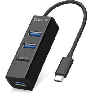 USB type C splitter hub met 3 standaard USB 2.0 (type A) poorten en 1 microSD geheugenkaartlezer