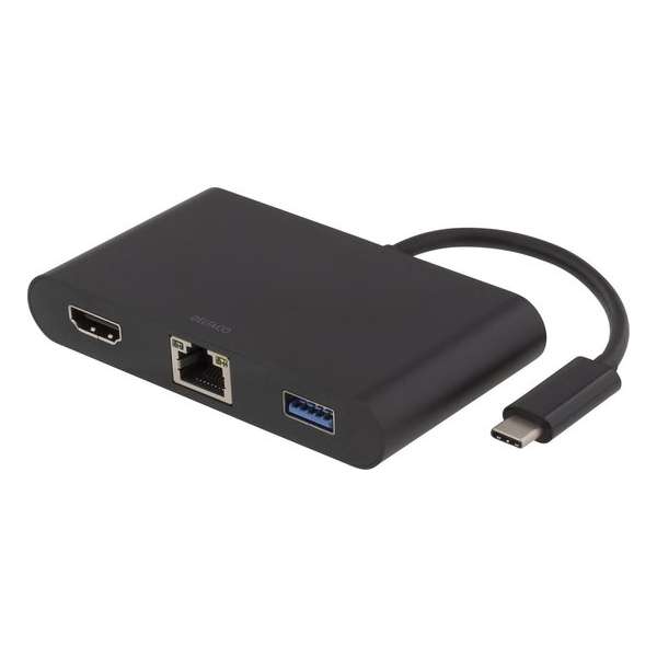 DELTACO USBC-1267 USB-C Docking station met HDMI, RJ45, 1xUSB Type A, USB-C-poort voor opladen, 3,5 mm, zwart