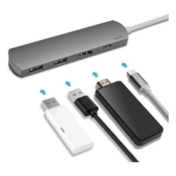 T3 Plus USB Type-C 4-in-1-hub met 2 x USB 3.0-poorten + 1 x HDMI-poort + 1 x Type C-poort - Zilver