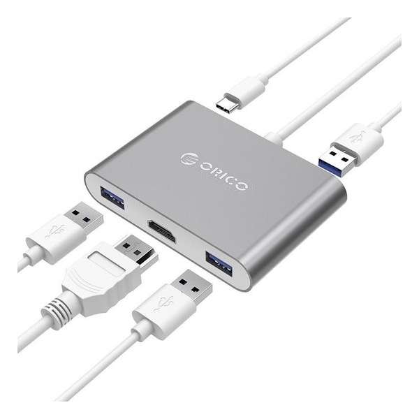 ORICO RCH3A USB-C / Type-C naar HDMI & USB-C / Type-C & 3 x USB-A / Type-A Converter aluminium HUB Grijs