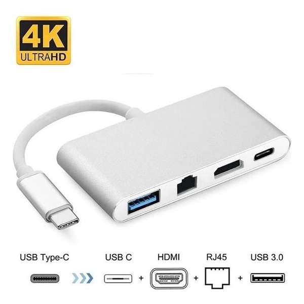 DrPhone 4 in 1 Hub - Gigabit Ethernet RJ45 - HDMi 4K - USB 3.0 + USB-C - Voor Macbook / Windows