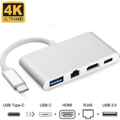 DrPhone 4 in 1 Hub - Gigabit Ethernet RJ45 - HDMi 4K - USB 3.0 + USB-C - Voor Macbook / Windows