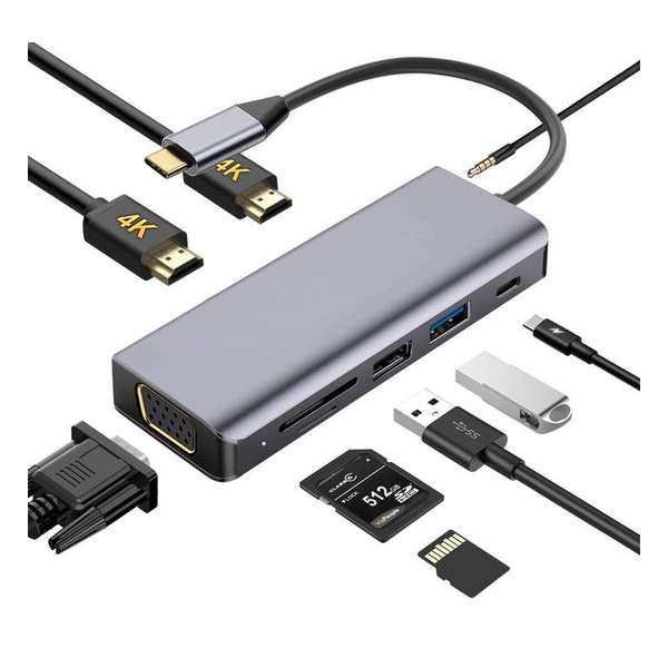 SBVR 9 in 1 USB C Adapter Hub | 2* HDMI / VGA / USB-C PD / USB-A / Aux | Geschikt voor MacBook - ASUS - HP - Lenovo - Dell