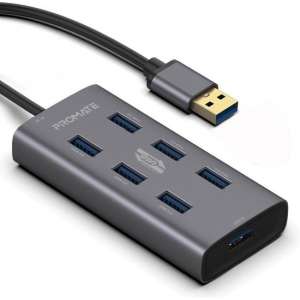 Promate EZHUB-7, 7 poorten USB 3.0 hub, USB-C-adapter, 5Gbps synchroniseren en opladen, aluminium - grijs