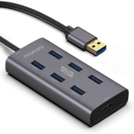 Promate EZHUB-7, 7 poorten USB 3.0 hub, USB-C-adapter, 5Gbps synchroniseren en opladen, aluminium - grijs