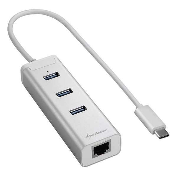 Sharkoon 3-Port USB 3.0 Aluminium Hub + RJ-45 Ethernet Adapter- USB 3.0 Type C - zilver