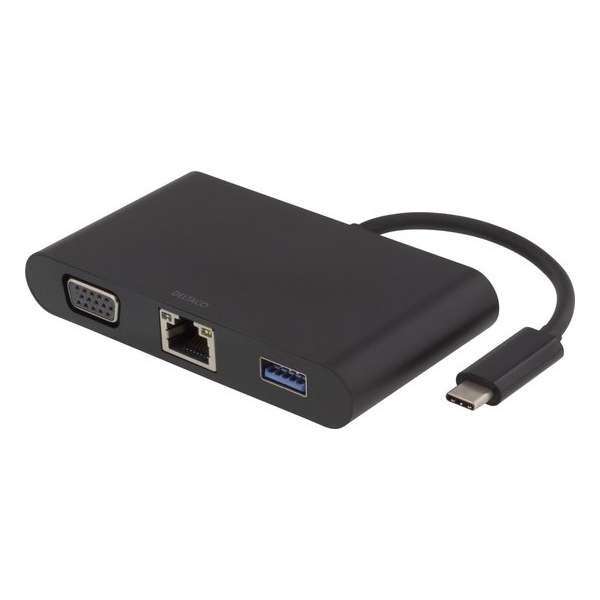 DELTACO USBC-1268 USB-C Docking station met VGA, RJ45, 1xUSB Type A, USB-C-poort voor opladen, 3,5 mm, zwart