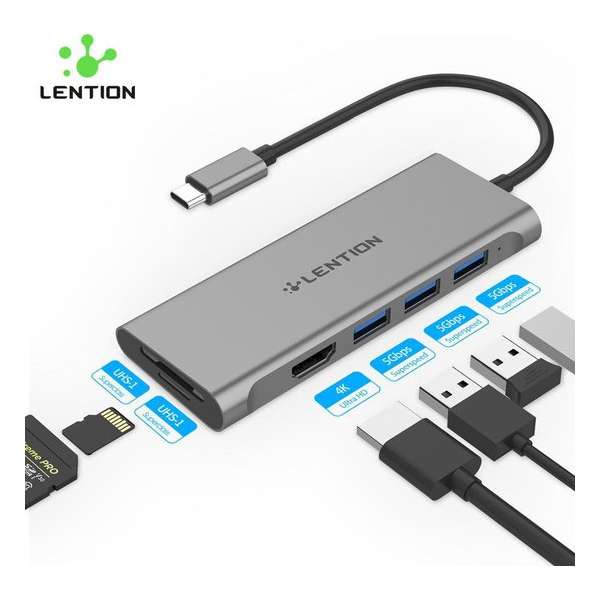 Lention - USB-C 6 IN 1 Hub - 3x USB 3.0 - 4K HDMI Input - SD/TF kaartlezer - CB-TP- C34HCR- GRY