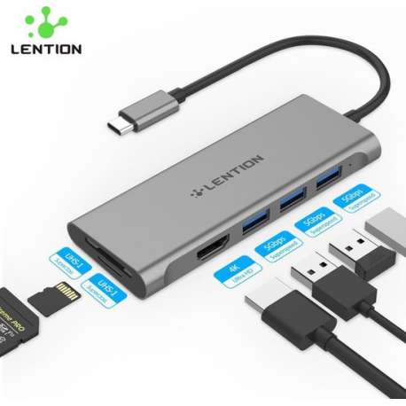 Lention - USB-C 6 IN 1 Hub - 3x USB 3.0 - 4K HDMI Input - SD/TF kaartlezer - CB-TP- C34HCR- GRY