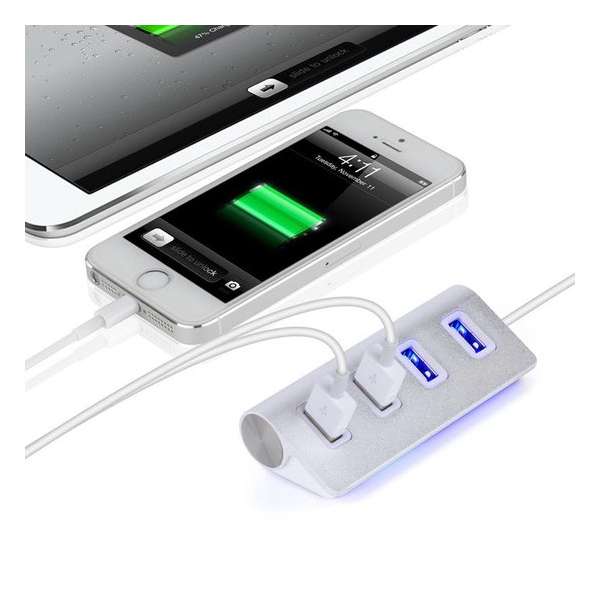 DrPhone - Super Speed Mini 4-Poorts Led USB 2.0 Splitter Aluminium Voor iMac Macbook Pro Air Laptop Desktop PC NoteBook