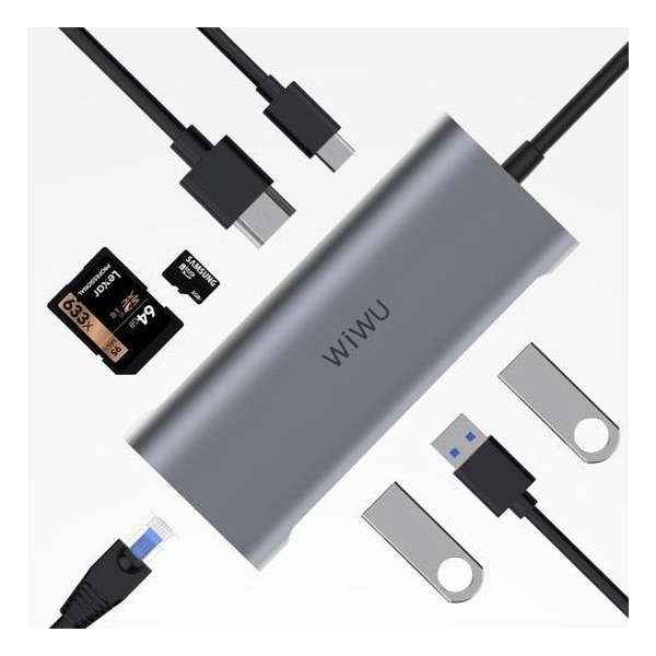 WIWU Alpha A931HRT 8-in-1 Aluminium Case USB Type-C Hub Convertor - Grijs