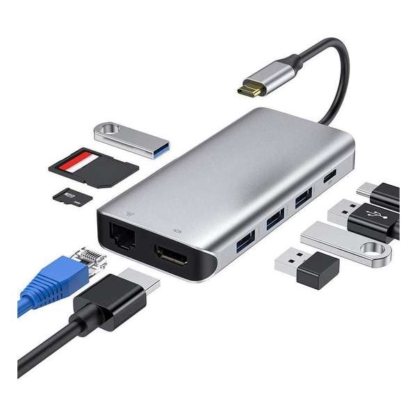 Tonor® USB Hub met 8 poorten - 4K/HDMI - LAN Gigibyte Ethernet - Geschikt voor Laptop, Smartphone, Tapblet, Desktop - USB 3.0