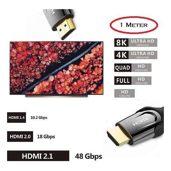 HDMI 2.1 Kabel 8K 1 Meter / HDMI 2.1 Ultra High Speed Kabel / 8K Ultra High Speed 48Gbps 120Hz Zwart