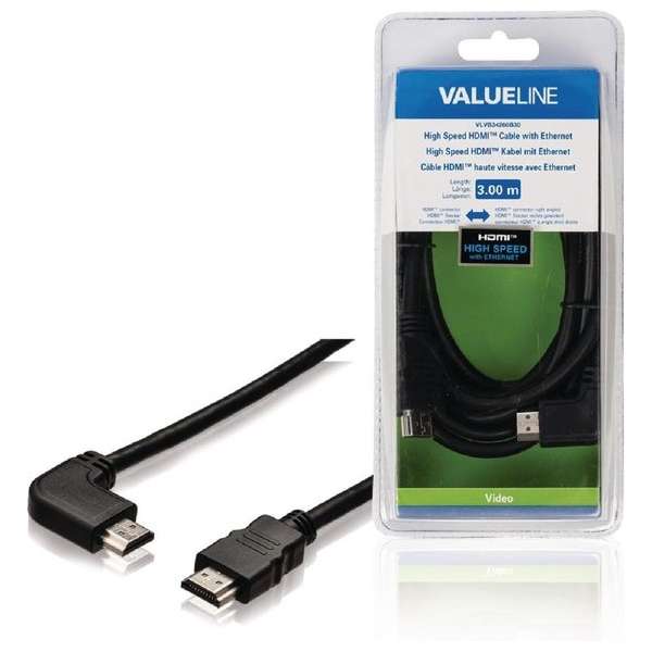 Valueline VLVB34260B30 High Speed Hdmi-kabel met Ethernet Hdmi-connector - Hdmi-connector Rechts Gehoekt 3,00 M Zwart