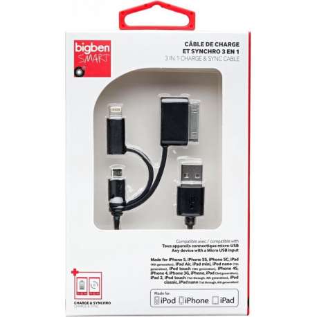 Bigben Interactive CABLE3EN1 USB-kabel 1 m USB A Micro-USB B Zwart