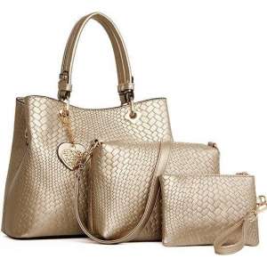 Elegante driedelige set met Dames Schoudertas, Handtas + portemonnee in PU leer Goud