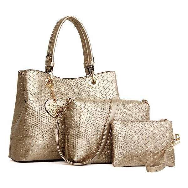 Elegante driedelige set met Dames Schoudertas, Handtas + portemonnee in PU leer Goud