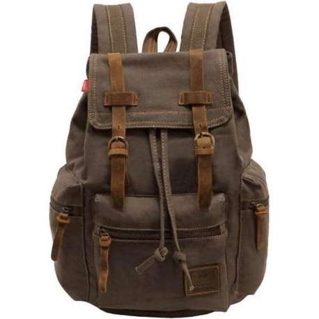 VMCA Unisex Casual Lederen Canvas  Rugzak Schoudertas Voor School Reis Camping Sport – Dames en Heren Tas - Legergroen