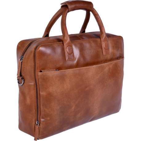 DSTRCT Fletcher November Leren Business Laptoptas - 17,3 inch laptopvak met rits - Sleutelhanger - Cognac