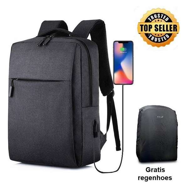 Laptop rugzak - 15,6 inch rugzak - rugtas - laptoptas - zwart- schooltas - rugzak met usb - GRATIS regenhoes