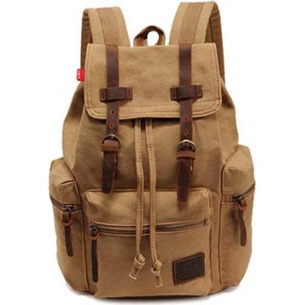 VMCA Unisex Casual Lederen Canvas  Rugzak Schoudertas Voor School Reis Camping Sport – Dames en Heren Tas - Kaki