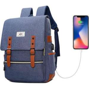 Vintage Rugzak / Schooltas - Blauw - Unisex - 30 Liter - Met ingebouwde USB-poort -  Spatwaterdicht