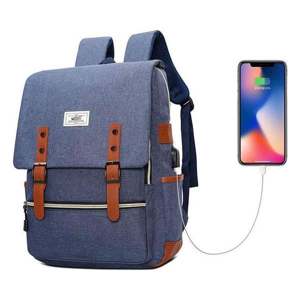 Vintage Rugzak / Schooltas - Blauw - Unisex - 30 Liter - Met ingebouwde USB-poort -  Spatwaterdicht