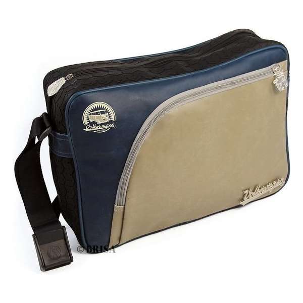 VW T1 Bus Messenger Bag met Bandenprofiel - Vintage Logo/beige&blauw