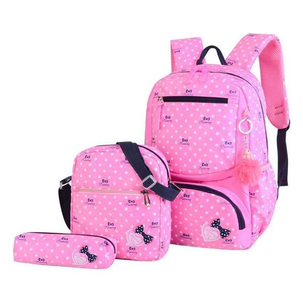 3-delige Rugzak Set - Roze Stippen - Meiden - Kind - Back to School - Etui - Schoudertas