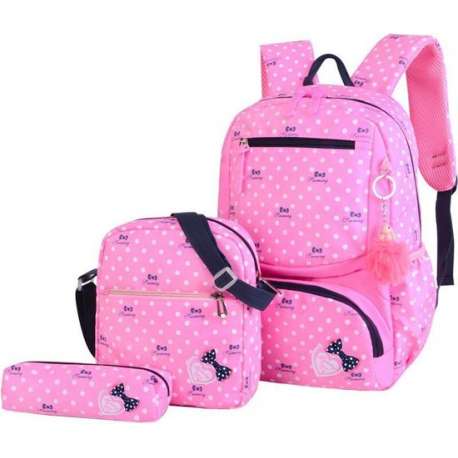 3-delige Rugzak Set - Roze Stippen - Meiden - Kind - Back to School - Etui - Schoudertas