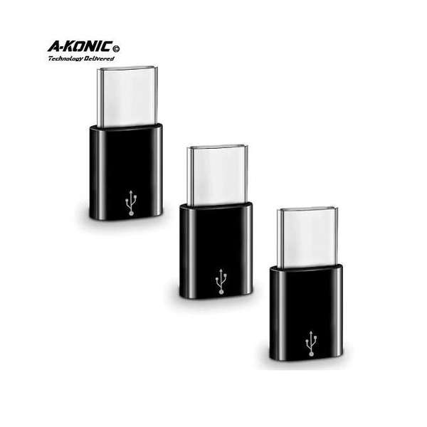 A-Konic ©- Set van 3 verloop adapter MICRO USB-adapter naar USB-C | Opzetstuk | Micro-USB to USB C Converter | zwart