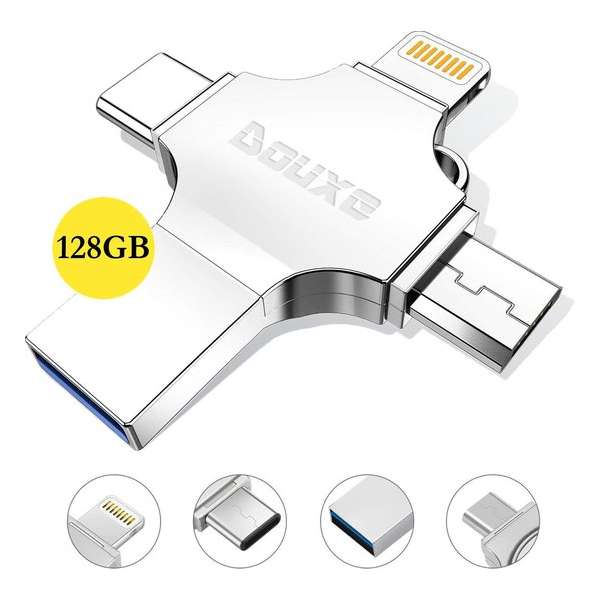 USB Stick 128GB - Flashdrive voor iPhone / iOS / Android 128GB - Flash Drive 4 In 1 - Douxe T03