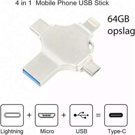 iPhone iPad iPod Smart phone Samsung (4 in 1) Lightning USB-stick Flashdrive 3.0 Extern Geheugen - 64 GB