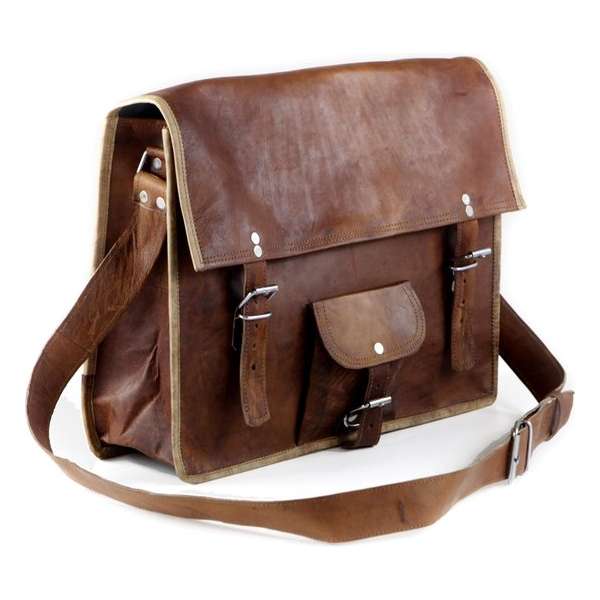 Laptoptas 15,6 inch “Lobo SQ15” - Messengertas – Cognac Bruin Echt Leer Businesstas - Unisex Tas Vintage Look Design