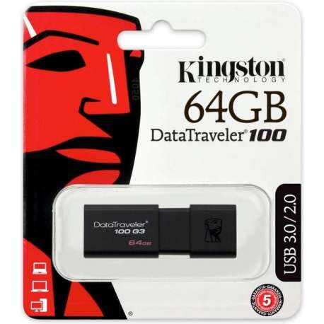 Kingston DataTraveler 100 G3 64GB USB Stick 3.0 Flash Drive - Zwart