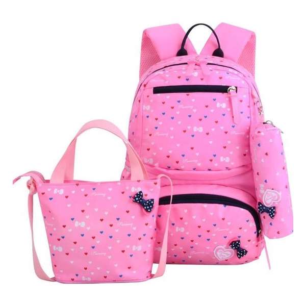 3-delige Rugzak Set - Roze Hartjes - Meiden - Kind - Back to School - Etui - Schoudertas