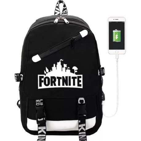 Rugzak met USB Aansluiting - Schooltas met Handige Vakjes - Rugtas Zwart/Wit Fortnite