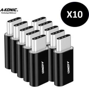 A-Konic ©- Set van 10 verloop adapter MICRO USB-adapter naar USB-C | Opzetstuk | Micro-USB to USB C Converter | Zwart