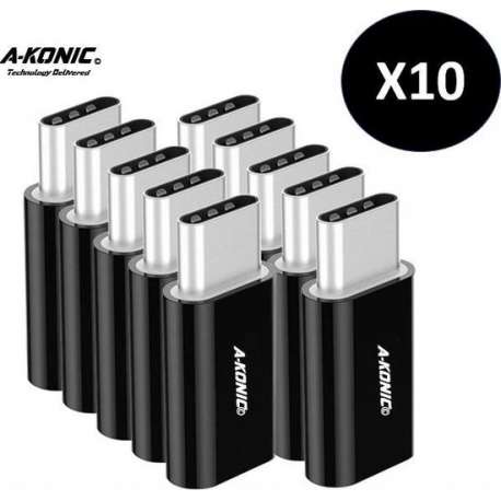 A-Konic ©- Set van 10 verloop adapter MICRO USB-adapter naar USB-C | Opzetstuk | Micro-USB to USB C Converter | Zwart