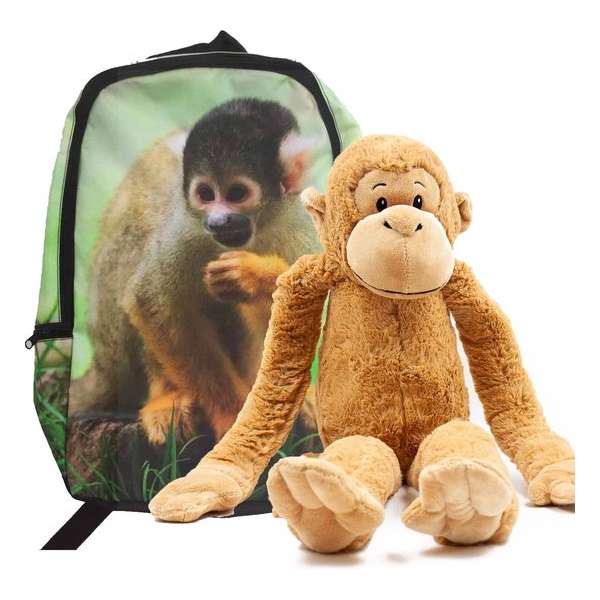 Rugzak Aap met grote slinger aap knuffel 69 cm kinder set, school rugtas met pluche aapje speelgoed