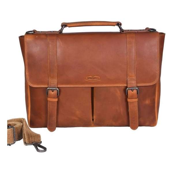 Sparwell Tas - Aktetas - Lederen Laptoptas - Leren Schoudertas - Cognac / Bruin (Dames tas / Heren Tas)