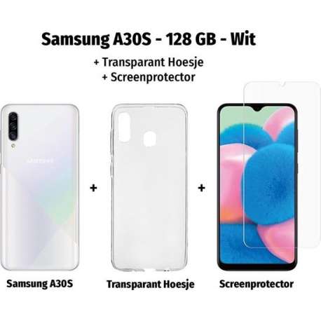 Samsung Galaxy A30S - 128GB - Wit + Transparant Hoesje + Screenprotector