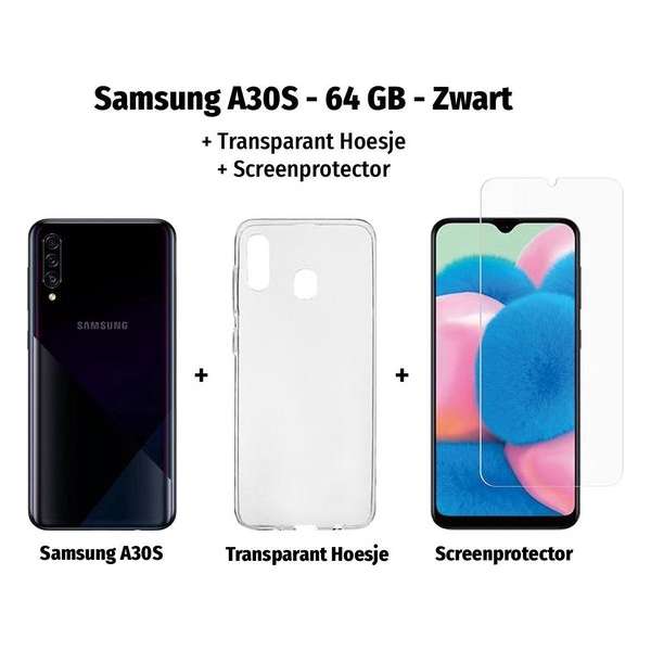 Samsung Galaxy A30S - 64GB - Zwart +  Transparant Hoesje +  Screenprotector