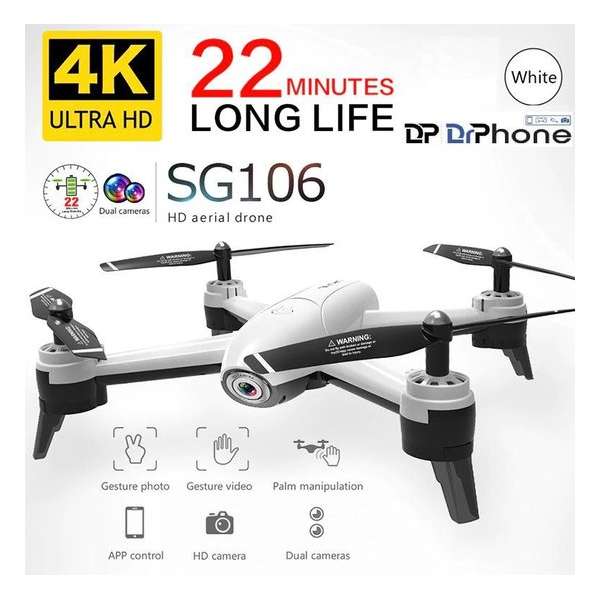 DrPhone - Drone 106G - 2x 4K Camera 3840x2160p Follow - Me Functie - Remote + App Controle + 2 Accu's + Afstandsbediening - Wit