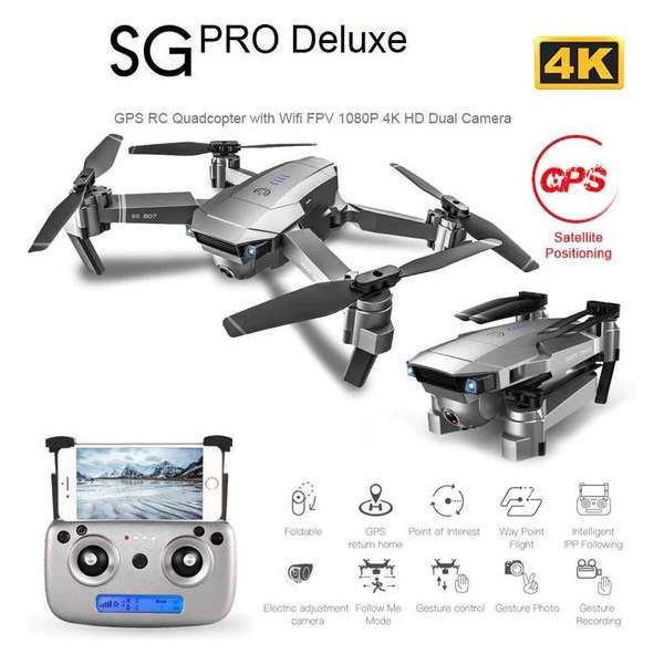 DrPhone - SG Pro X - 4K Drone 2x Camera 16MP - Stabilisator - 5GHZ tot 500M Vliegen - GPS - 50X Zoom - 2x Accu - Space Grey