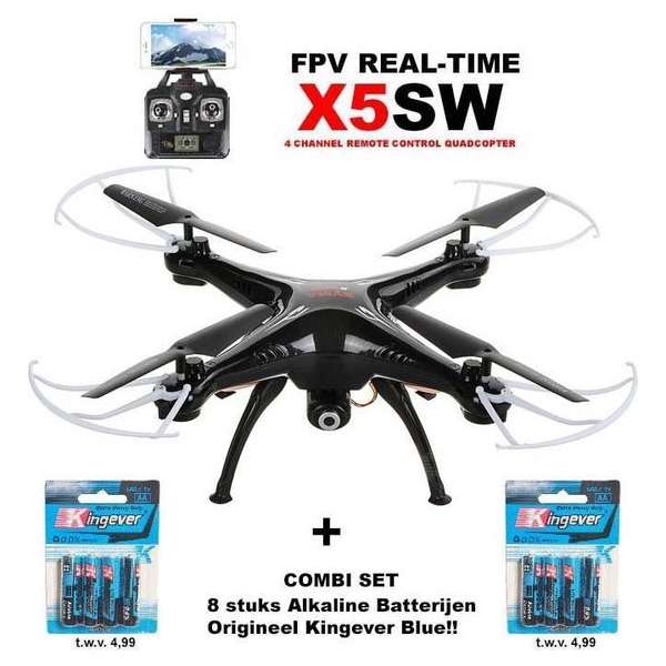 Syma X5SW Drone Quadcopter WiFi FPV Met 2K Camera zwart + 2 pack Batterijen