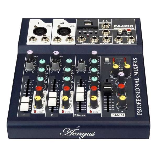 Áengus F4-USB Professional Mixer, 4-kanaals PA en Studio Mengpaneel met 48v Fantoomvoeding