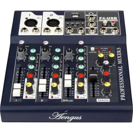 Áengus F4-USB Professional Mixer, 4-kanaals PA en Studio Mengpaneel met 48v Fantoomvoeding