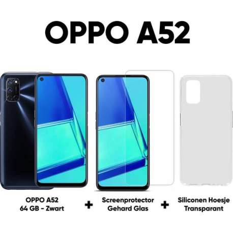 OPPO A52 - 64GB - Zwart + Transparant Hoesje + Screenprotector